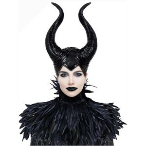 NEW Maleficent Cosplay Costume Set Horns Feather Cape Cuffs Black OS